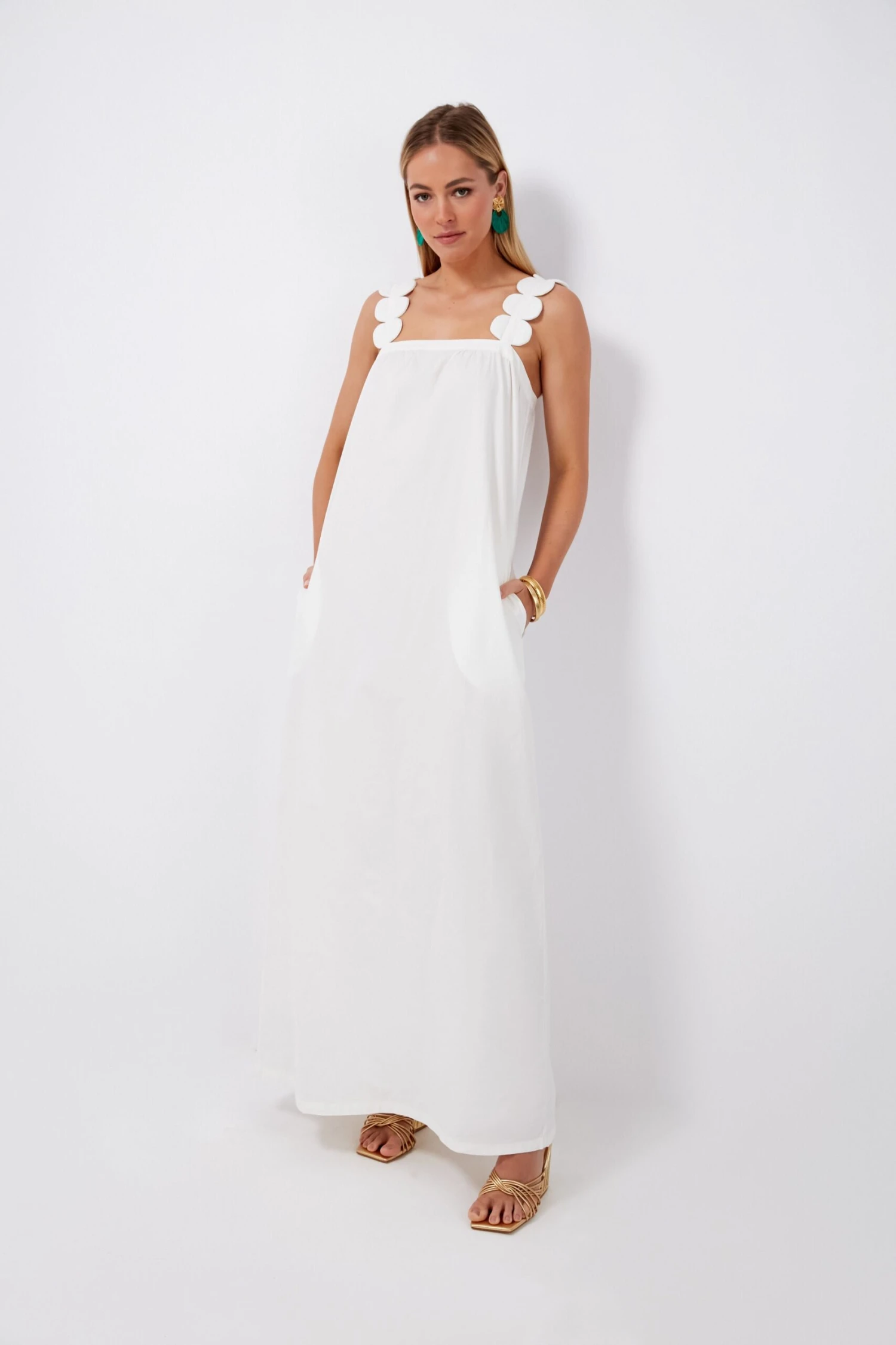 Off White Bubble Long Dress With Straps